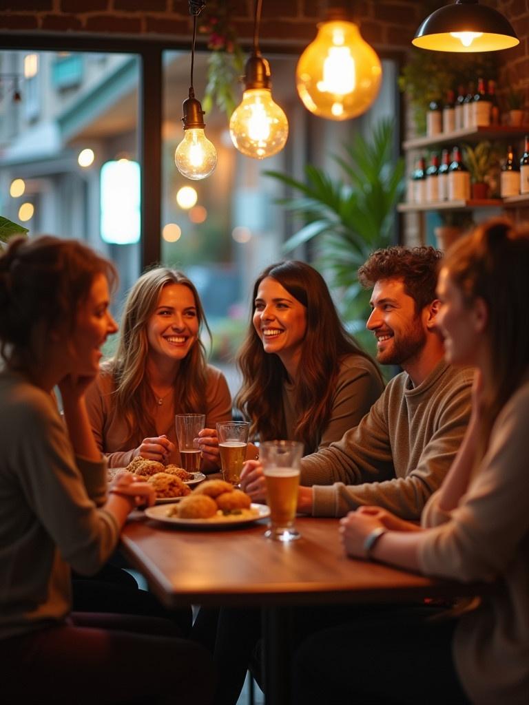 A lively group of friends gathered around a table in a cozy cafe. They are engaged in conversation, sharing stories and laughter. The atmosphere is warm and inviting with soft lighting. Each person looks relaxed and happy, enjoying company. The setting is perfect for socializing with drinks and snacks on the table.