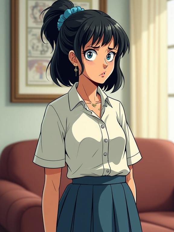 Full body portrait of a young female character with short dark hair and blue eyes. Fair skin with nervous look and awkward posture. Wearing a strained school blouse and pleated skirt. Accessorized with a blue scrunchie and gold jewelry. Background is an office couch with soft lighting.