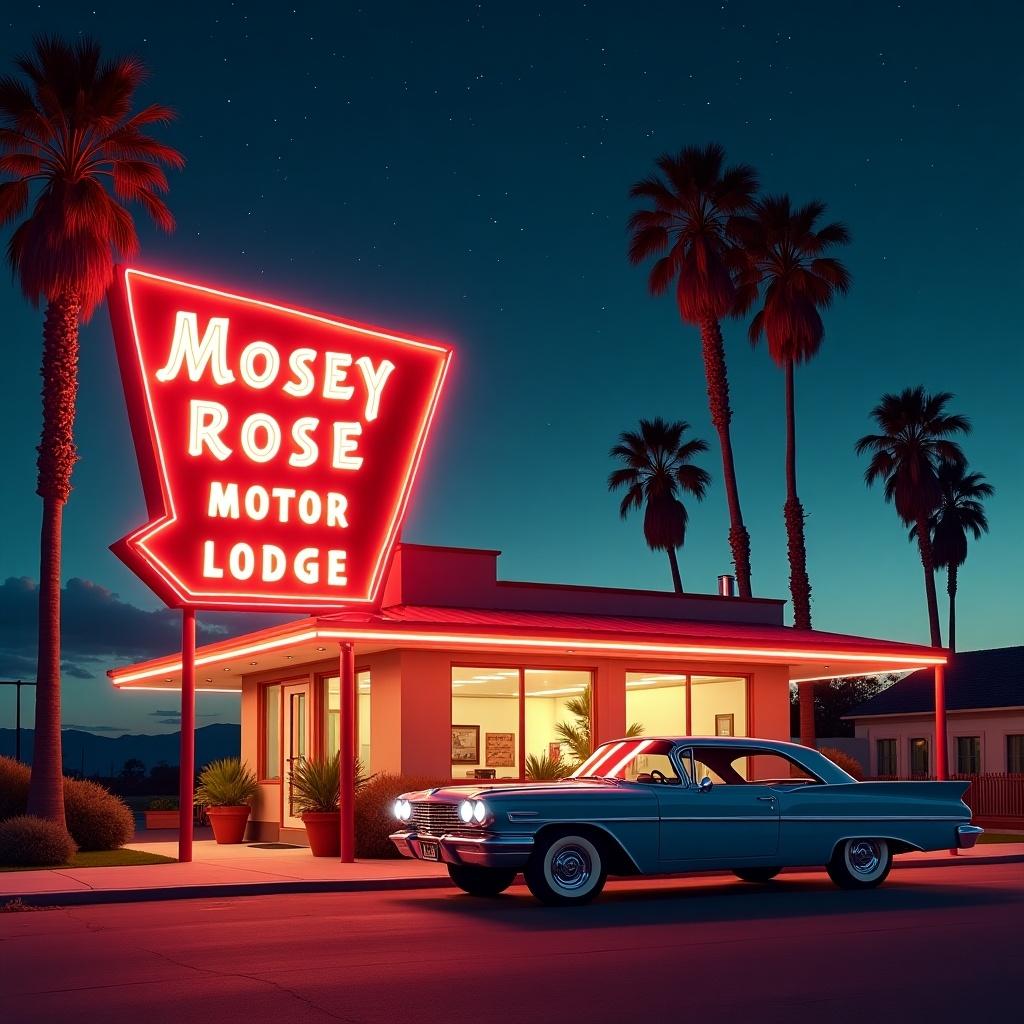 The image shows a classic motel named 'Mosey Rose Motor Lodge' with neon signs at night. A vintage car is parked in front. The scene includes tall palm trees and a starry sky. The colors are vibrant with red, orange, and soft blues. The atmosphere evokes adventure and simpler times.