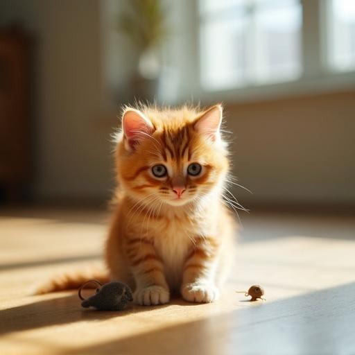 Tiny fluffy ginger kitten sits alone in an empty well-maintained room next to a small toy mouse. Room is clean and spacious with polished wooden floors and neutral-toned walls. Soft daylight streams through large windows casting gentle shadows. Kitten's bright orange fur contrasts with the muted surroundings. Big round eyes filled with loneliness. Tiny paws near the toy mouse, waiting for someone to play. Slightly worn toy mouse adds to the bittersweet atmosphere. Kitten's ears drooped, tail curled around itself, exuding quiet sadness. Ultra-detailed fur texture, cinematic lighting, shallow depth of field focusing on emotional expression.