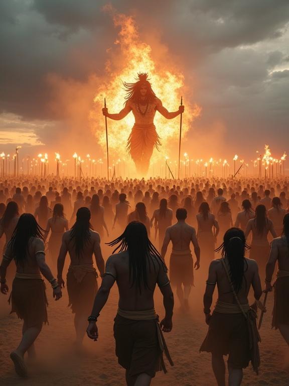 Hyper-realistic portrayal of Agohi warriors dancing under stormy twilight sky. Warriors covered in ash, muscular, with dreadlocks and war paint. Adorned with rudraksha beads, tiger-skin patterns. Energetic dance with swords and tridents. Lord Shiva as Nataraja glowing in the crowd. Dust and flames create a dramatic atmosphere.