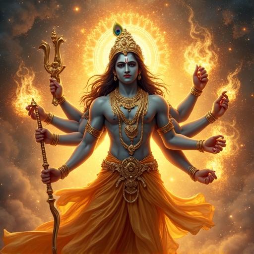 Ultra HD hyper-realistic image of Lord Krishna in Vishwaroop. Multiple arms holding celestial weapons. Swirling galaxies and stars in the background. Opulent golden attire and peacock feather crown. Heavenly celestial realm.