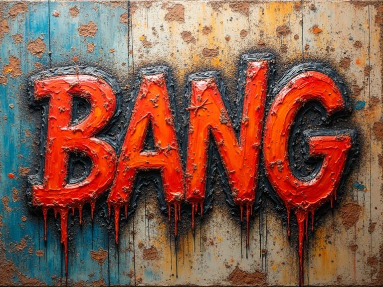 Masterpiece 3D layered text composition of the word BANG in a vibrant and textured style. Features mixed media materials like newspaper, jute fibers, and glitter. Incorporates scratches and tears. Emphasizes depth and surface feel. High resolution with luminous colors. Creates a stunning and magical visual experience.