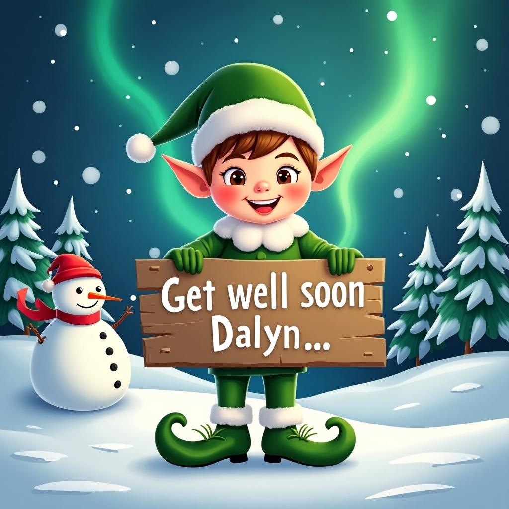 Elf character holds wooden sign saying Get well soon Dalyn. The elf is dressed in green and white clothing. Background features magical northern lights above snow-covered trees. A snowman is also present in the scene which is cheerful and festive. Overall, the image conveys a warm holiday atmosphere.