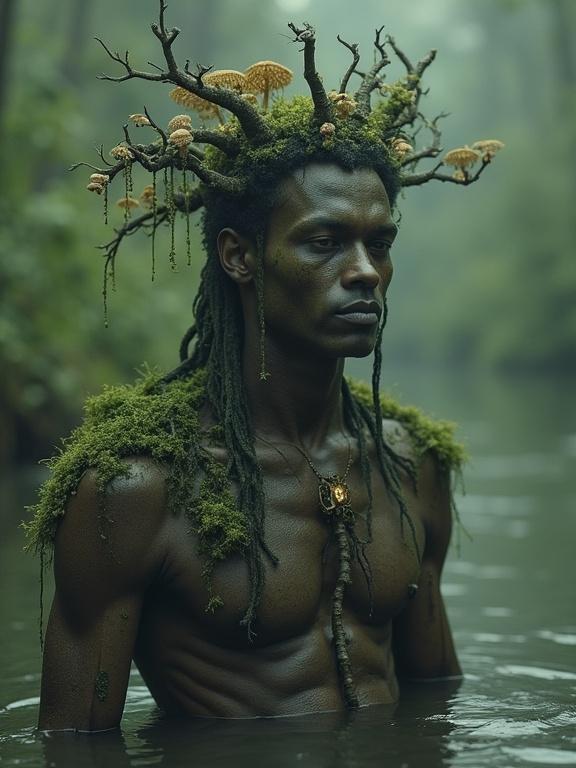 Imagine a primordial prince emerging from a swamp. Skin covered in moss and mud. Adorned with organic jewelry made from roots and fungi. Thick mist in the air. Sounds of unseen creatures. Grainy vintage style reminiscent of old photographs. A haunting image of a swamp prince. Captures eerie atmosphere of the swamp.