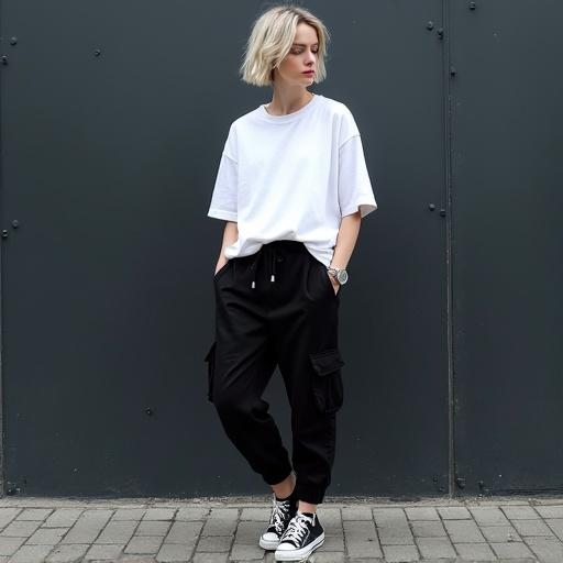 Young woman in casual attire. She wears a white oversized t-shirt with black cargo pants and black and white sneakers. Light-colored hair styled casually in an asymmetric haircut. Standing on a paved surface with a dark wall in the background. Look is relaxed and trendy.