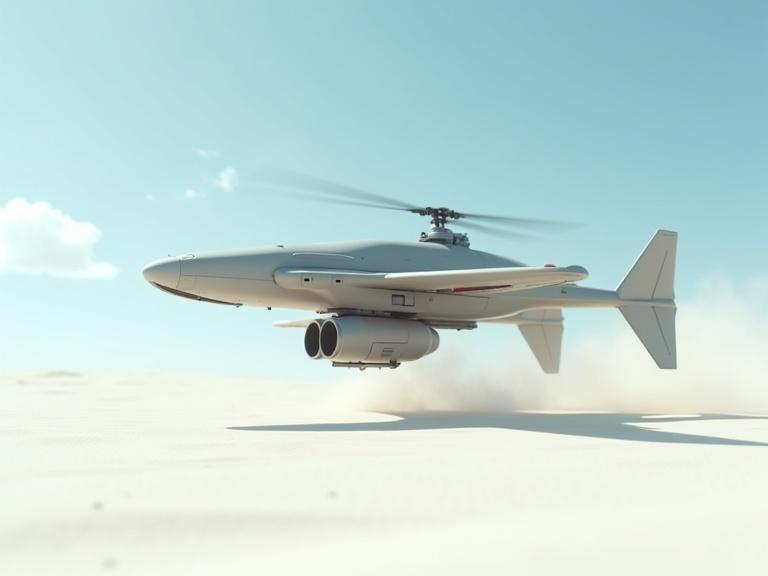Cinematic view of a small light grey sleek sci-fi military hover drone with two round Dyson engines. The drone is depicted over a white desert, featuring a small minigun underneath. Dust is blowing around, set against a blue sky with clouds. Realism is emphasized with detailed textures and shadows in 4K quality.