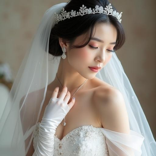 Japanese woman in wedding dress with long veil and gloves. Elegant look with tiara, necklace, and earrings. Classic bridal hairstyle. Lying on her back with a soft blush.