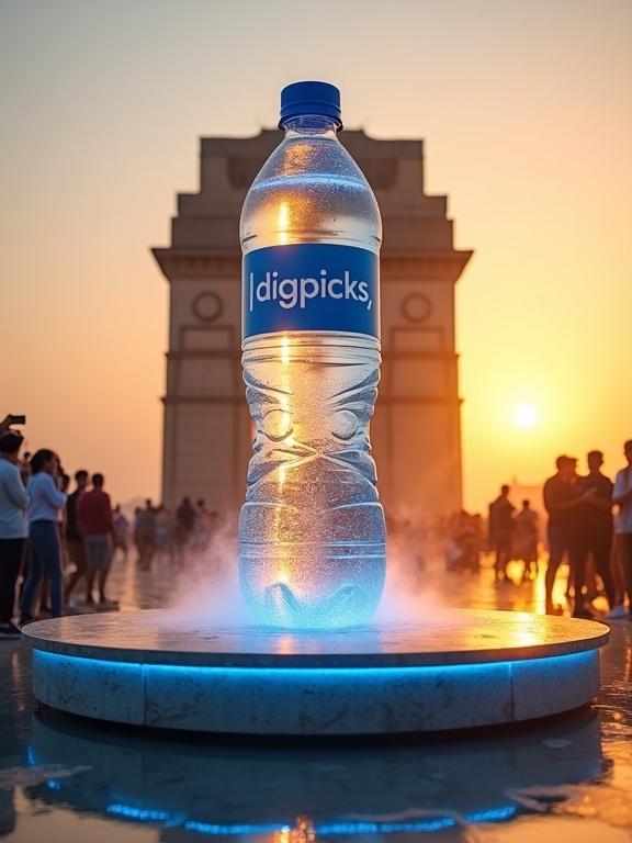 Cinematic wide shot in front of India Gate. Giant branded water bottle labeled 'digipicks'. Circular concrete platform in perfect alignment. Glossy transparent bottle with droplets and cold mist. Blue ambient glow under the slab. Golden sunlight casting shadows. Crowd gathered, taking selfies, watching. Dust particles and faint smoke. Premium modern bottle design. High detail photorealistic style.