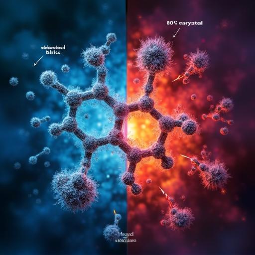 Scientific illustration showing a molecule of dimethyl-4,7-di(2-thienyl)-2,1,3-benzothiadiazole-5,6-dicarboxylate in two states. One disordered with a blue glow. The other ordered with a red-orange glow. Display thermometer indicating cold crystallization at 80 °C. Include labels for thermal activation, solvent fuming, mechanical shearing. Show switchable emission colors blue-green in amorphous and red-orange in crystalline. Overlay rotating thiophene groups and hydrogen bond networks in crystalline phase. Background split with soft cloudy texture and sharp geometric shapes. Faint representations of X-ray crystal structures and molecular orbitals.