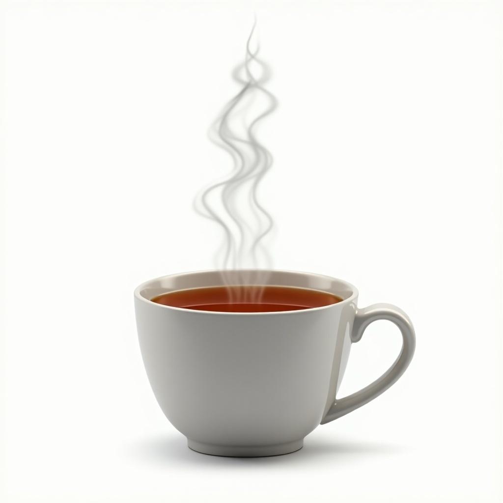 This image features a steaming cup filled with tea, elegantly displayed on a transparent background. The cup is a classic white design, emphasizing simplicity and warmth. Wisps of steam rise from the cup, creating a sense of freshness and inviting comfort. The soft lighting enhances the look of the tea, making it appear rich and soothing. This visual captures the essence of enjoying a hot cup of tea, perfect for promoting relaxation and comfort.