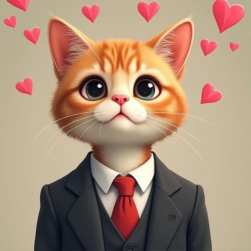 Semi-realistic cat in a suit with floating hearts above its head. Cat has dreamy eyes and a subtle blush on its cheeks.