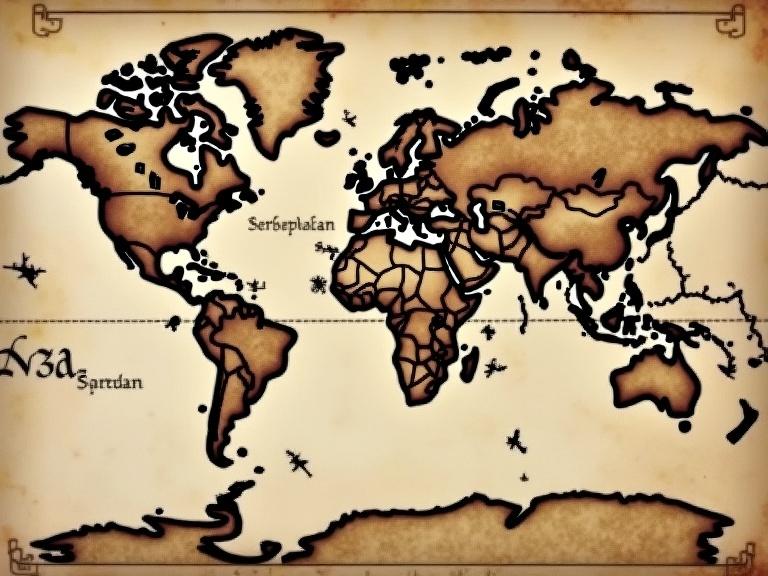 Ancient world map. Terra Australis Incognita is visible. Aged paper texture with explorer-style medieval cartography.