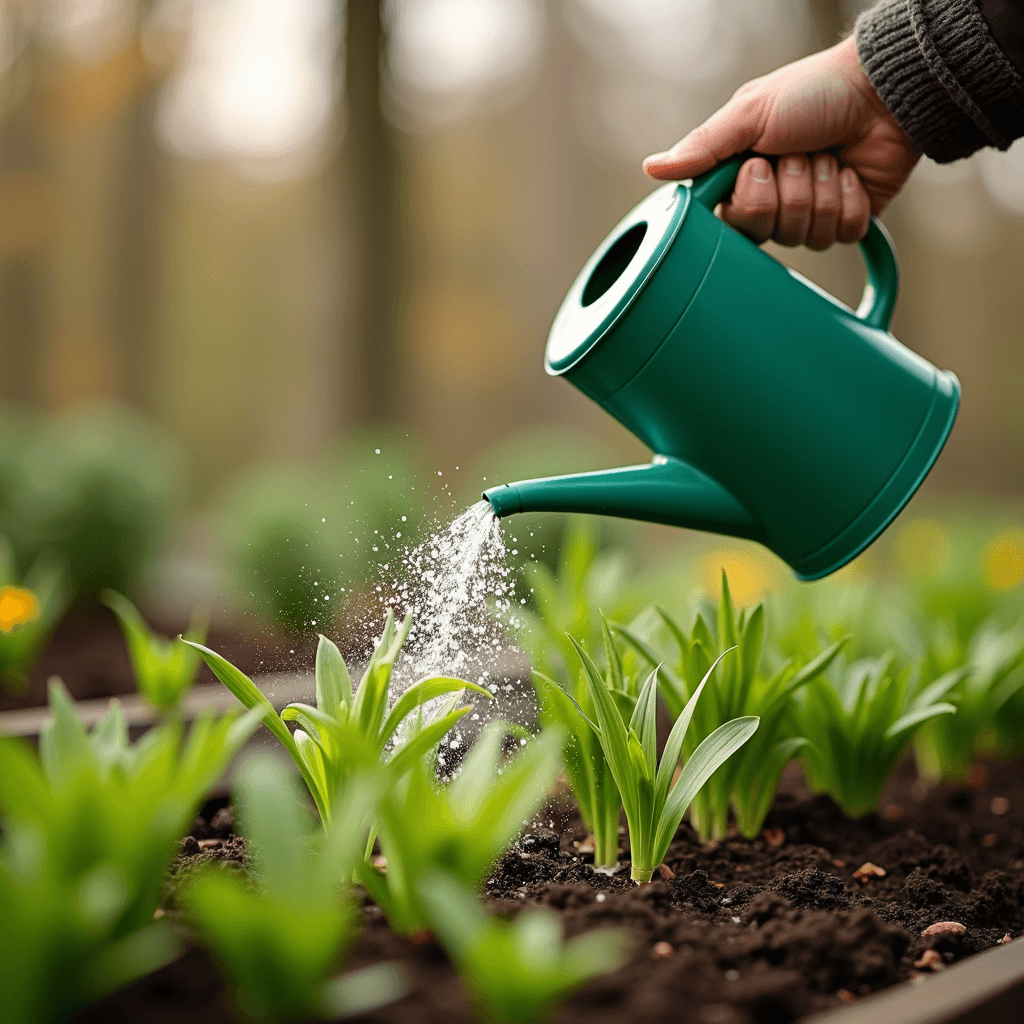 A hand waters small green plants with a green watering can in a garden.