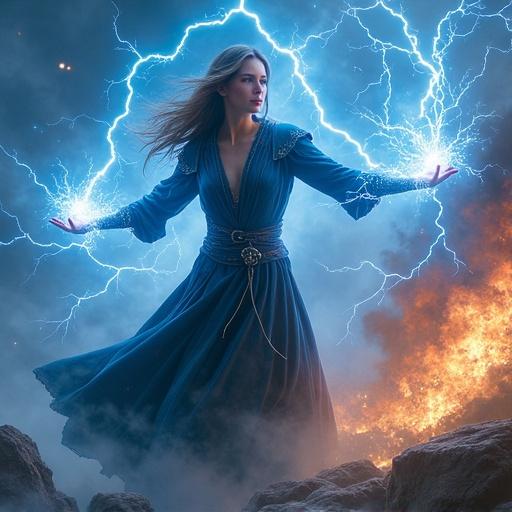 Epic magical battle with a sorceress channeling lightning through hands. Electricity is unleashed towards an enemy with dynamic spellcasting pose. Arms extended forward while glowing runes are visible on hands. Battlefield is stormy with waves of energy and rocks exploding. Intense expression visible in the face. Vivid blue and white electricity enhances the scene.
