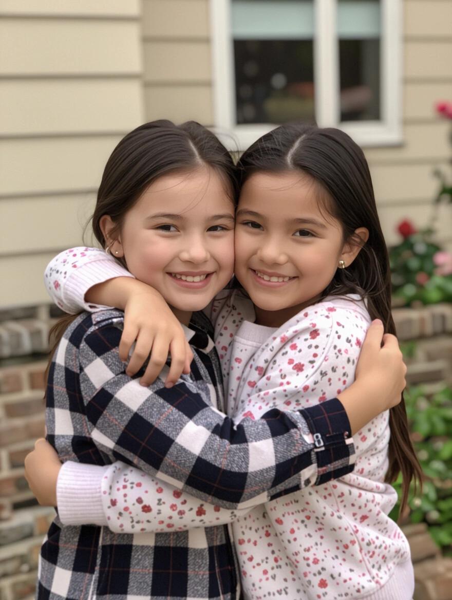 Two girls hugging in an outdoor setting. They are smiling and looking happy. The background features a house and some flowers. Light and warm atmosphere.