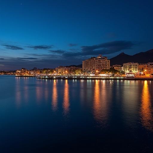 Night view of Palma de Mallorca from the sea. City lights reflect on calm water. Dusk sky above with mountains in the background.