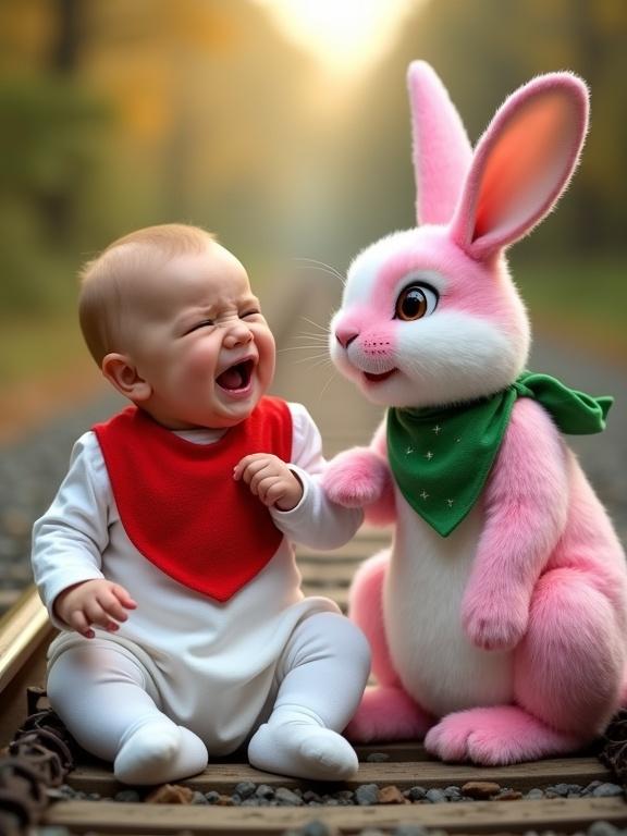 A vibrant scene features a crying baby in a red bib on a white dress with a lively pink and white rabbit beside him wearing a green bandana. The setting is on a railway track enhancing the whimsical atmosphere. Soft warm lighting highlights the contrasting emotions. The composition focuses on their interaction and facial expressions.