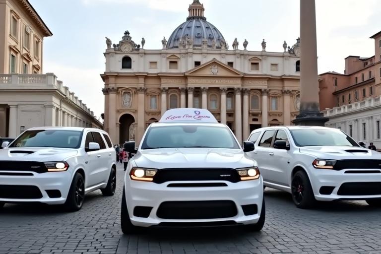 White Chrysler Pacifica designed as a popemobile in St. Peter's Square alongside a white Dodge Challenger Hellcat and a white Dodge Durango SRT Hellcat.