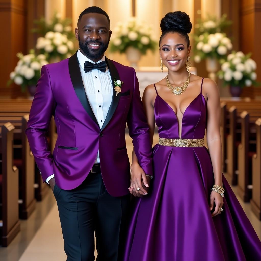 Couple wearing purple formal attire in a wedding setting. Male in a purple tuxedo with black trousers. Female in a purple maxi dress with no cleavage. They hold hands. Background of a church wedding with a soft focus.