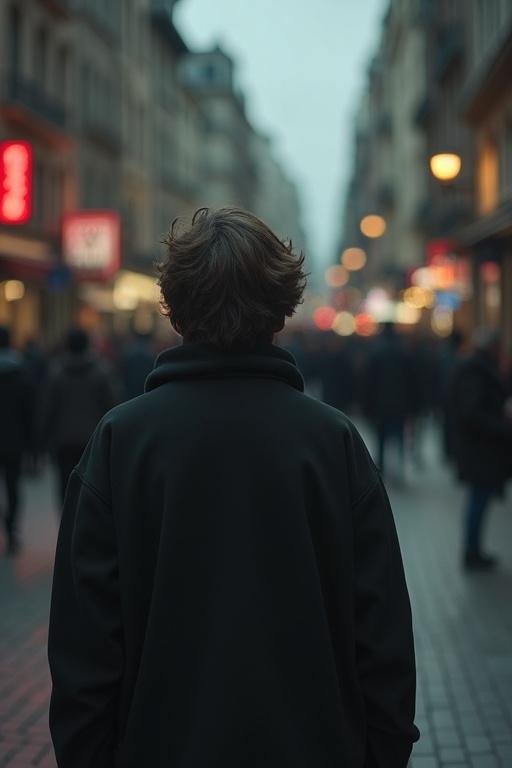 Cinematic overhead shot of a person standing still on a brick city sidewalk. A dark oversized sweater is worn. A motion-blurred crowd rushes past. A moody atmosphere is created by soft lighting. The image captures a moment of solitude amidst urban chaos.