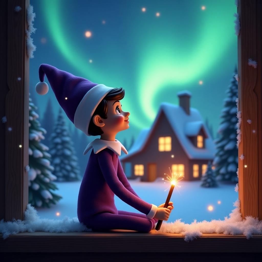 An elf on the shelf sits with its back to the viewer. The elf gazes skyward while holding a glowing wand. A charming Christmas scene is shown with colorful northern lights. A cozy house can be seen in the distance. Snow is on the ground. He is wearing a purple tshirt.