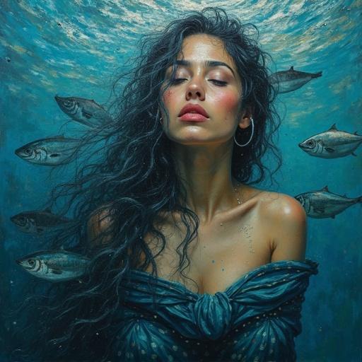 Oil painting of a sad woman with long hair submerged in water surrounded by fish