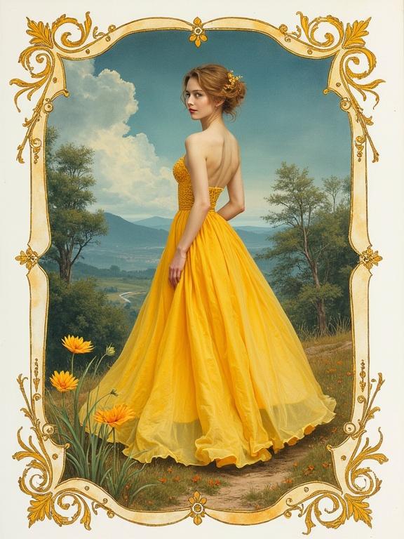 A stunning woman stands in a yellow dress. She is surrounded by a beautiful fantasy landscape. The art style is reminiscent of English supermodels. An ornate golden border frames the image. Ample use of bright colors adds vibrancy to the scene. The backdrop features rolling hills and a serene view of nature.