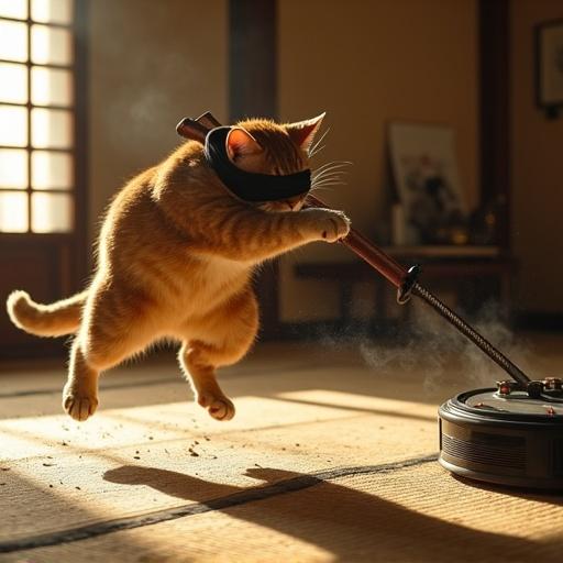Dramatic side-angle shot of a battle-ready ginger cat mid-air with muscles tensed. Cat wears a weathered black ninja headband. Executing a horizontal katana slash toward a panicked robot vacuum. Cat's body extended with back arched. Front claws grip a katana in 'chūdan-no-kamae'. Robot vacuum's sensors flash red, dust compartment bursts open. Setting in a traditional Japanese dojo at dusk with claw-marked tatami flooring. Long shadows from sliding shoji screens. Background includes a katana kake and an ink-painted scroll. A toppled chabudai with spilled matcha tea adds chaos.