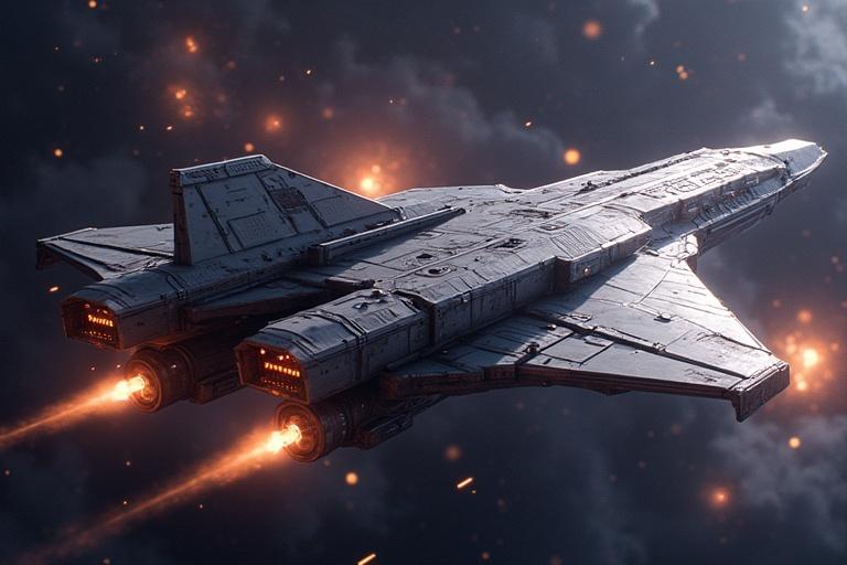 Scene for a sci-fi game in the future. Players travel the galaxy on a large, advanced spaceship. Explore unknown planets and contact new alien races. Convey scale and visual richness of epic space adventure. High quality cinematic style.