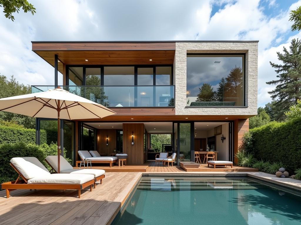 This image depicts a modern two-story house with a stylish design. The house features large glass windows that allow plenty of natural light to flow inside. There's a wooden deck in front with cozy lounge chairs set beside a swimming pool. A parasol provides shade for outdoor seating arrangements. The surrounding area includes some greenery and trees, creating a serene outdoor space. The architecture combines natural wood with light brick, giving it a contemporary look. The sky is partly cloudy, adding a pleasant ambiance to the scene.