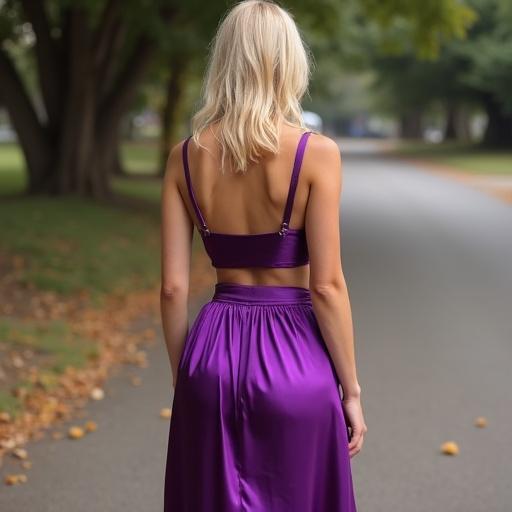 Rear view featuring a blonde woman in a shimmering violet silk skirt and cowl neck top picking something from the ground.