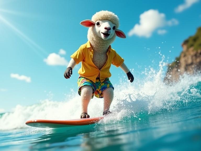 Cinematic shot of a humanoid sheep surfing in the ocean on a sunny day. The sheep has human limbs and wears a tropical shirt and shorts. Joyful expression on its face. Dynamic water spray and motion blur emphasize the thrill of surfing.
