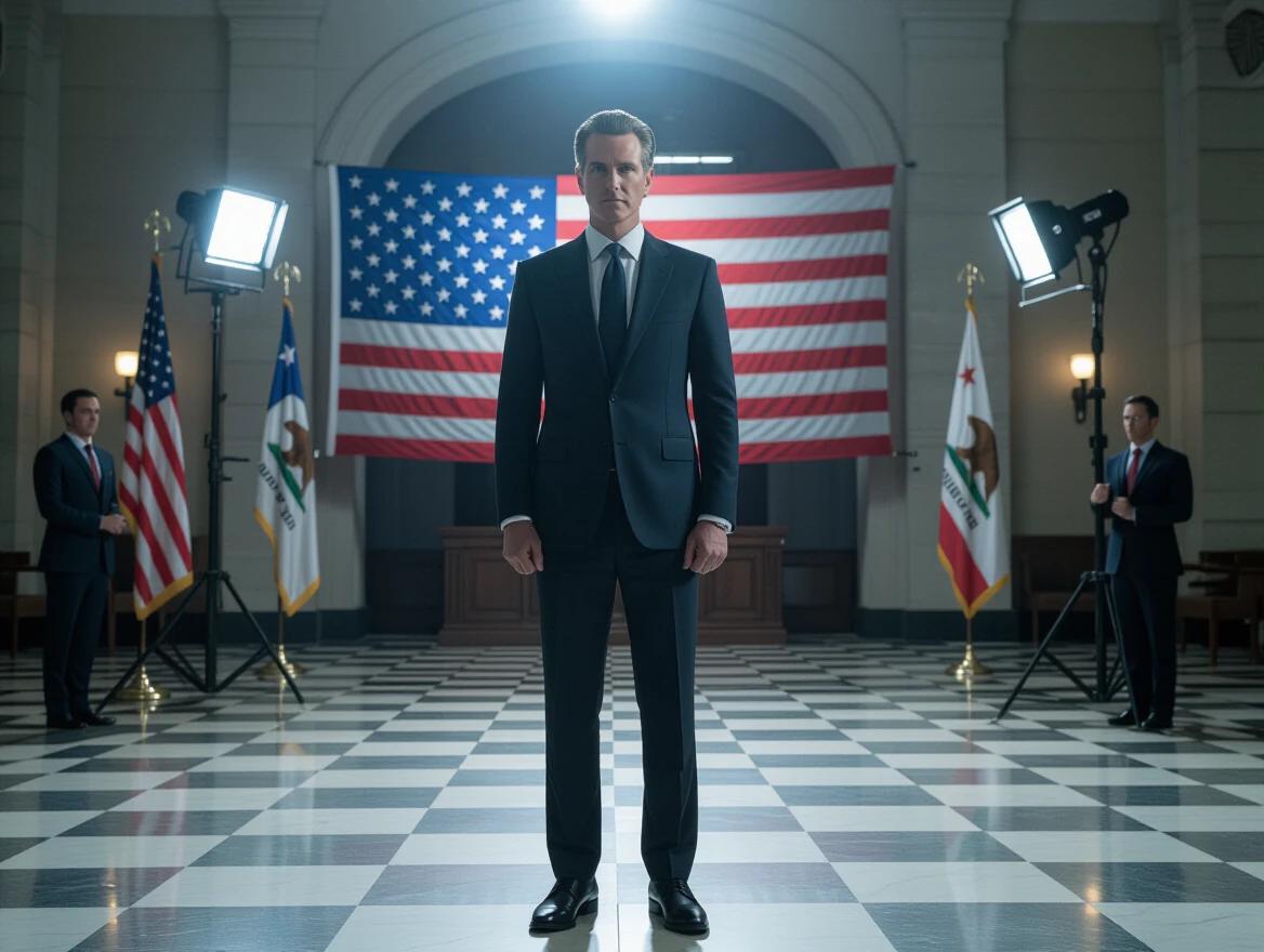 Photo depicts a governmental figure standing confidently with an intense gaze. Background features a prominent American flag. Dramatic lighting illuminates the face. Setting conveys a decisive atmosphere.