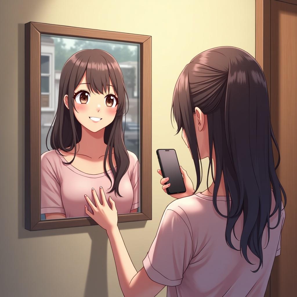 In an anime-style illustration, a young woman stands in front of a mirror, capturing a selfie with her smartphone. Her long, dark hair cascades over her shoulders, and she wears a comfortable pink shirt. The setting includes a light-colored wall and a window visible in the background. There is a portrait of her hanging on the wall, enhancing the personal atmosphere. The warm lighting adds a cozy touch to the scene, inviting viewers into this intimate moment.