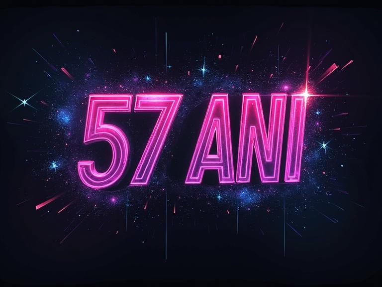 The image displays impressive techno-style text. The text reads '57 ANI'. The background features a cosmic theme with stars and galactic elements. The text glows with vibrant pink hues. A modern design suitable for celebrations and events is depicted.
