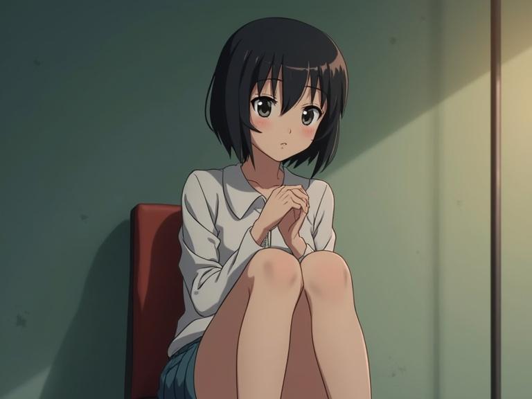 Anime screencap of a short black-haired anime girl sitting on a chair with her legs crossed. The perspective is from below, looking up. The girl has a curious expression and is looking down.