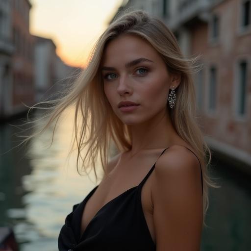 Young adult woman with ash blonde hair sitting by a canal in Venice at sunset. She wears an elegant black dress and earrings. The scene has a mysterious ambiance with dramatic side lighting.