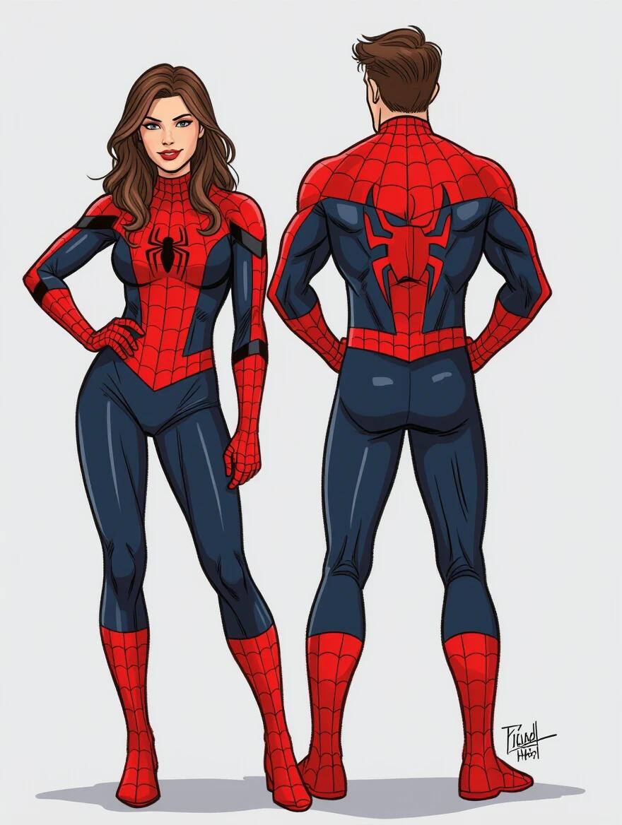 Female character in Spider-Man costume. Brown hair styled elegantly. Comic art design. Clean, modern background. Dynamic and fashionable pose.