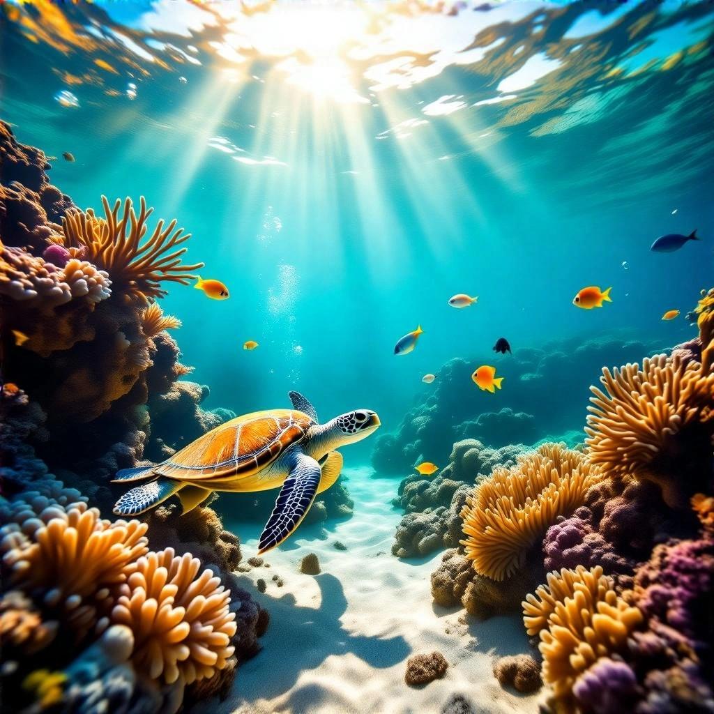 Tropical fish shimmer through vibrant coral reef, darting between swaying sea anemones and branching corals. Sunlight pierces ocean surface, casting dappled glow on sandy seabed. Graceful sea turtle glides into frame, accompanied by small cleaner fish skimming shell. Bubbles rise lazily from hidden crevices, adding rhythm to underwater ballet. Camera moves fluidly alongside turtle, capturing richness of life in every corner of reef.