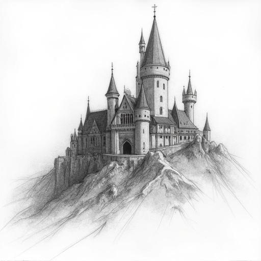 Loose pencil sketch of a castle featuring rough shading to create depth