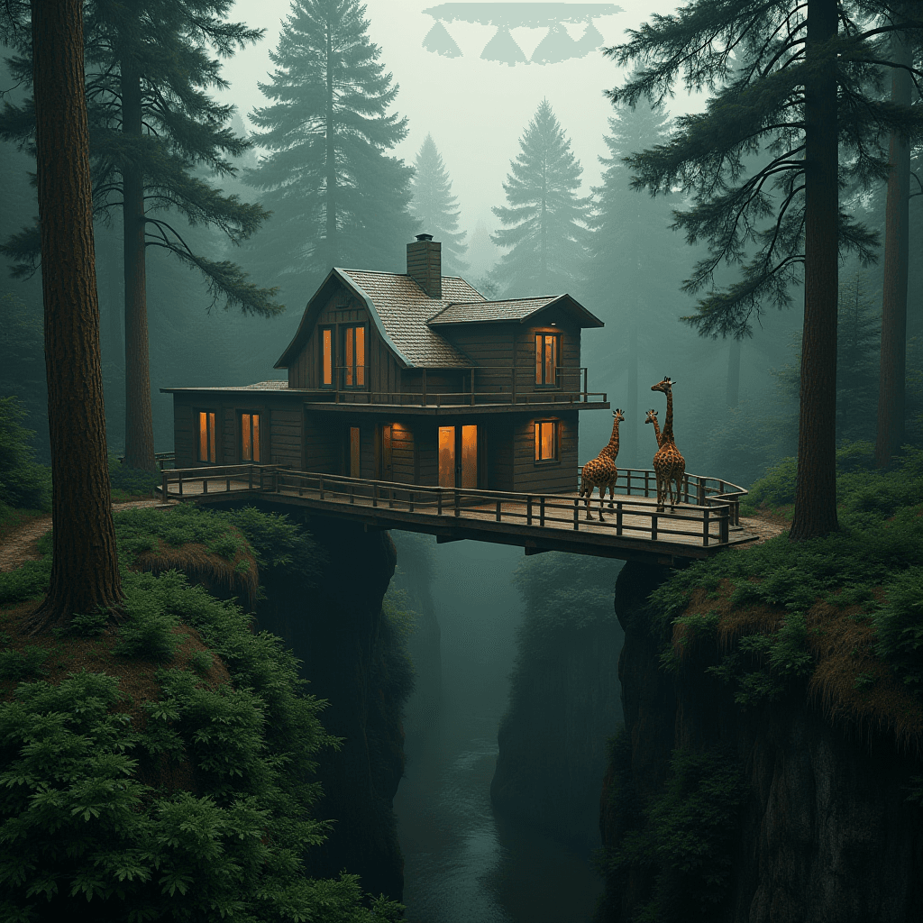 A wooden house perched atop a narrow bridge spans a lush forest canyon with two giraffes standing on the path.