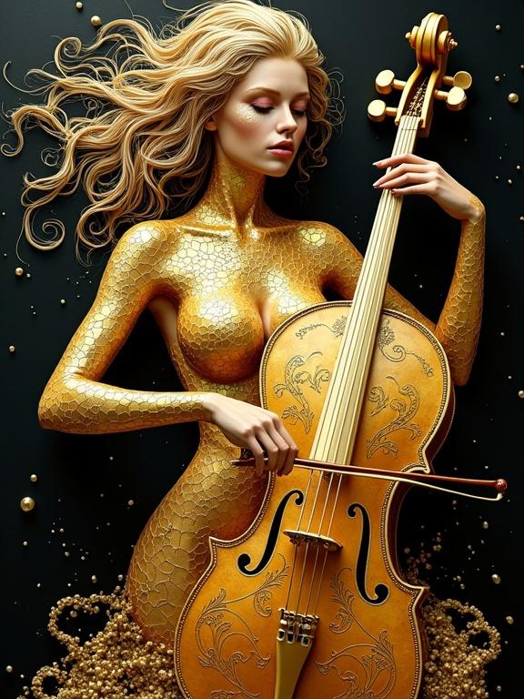 Surreal portrait of a golden woman playing an ornate cello. Body resembles molten gold and intricate patterns. Hair flows with golden curls. Cello reflects soft light with baroque designs. Dark background enhances glow.