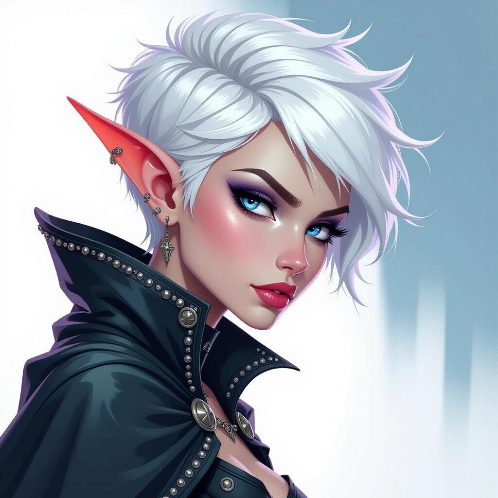 Female elf head intense expression powerful and fierce vivid pale skin short white pixie hair long pointed ears narrow blue eyes sharp jawline ornate dark cape with metal studs detailed graphic design style