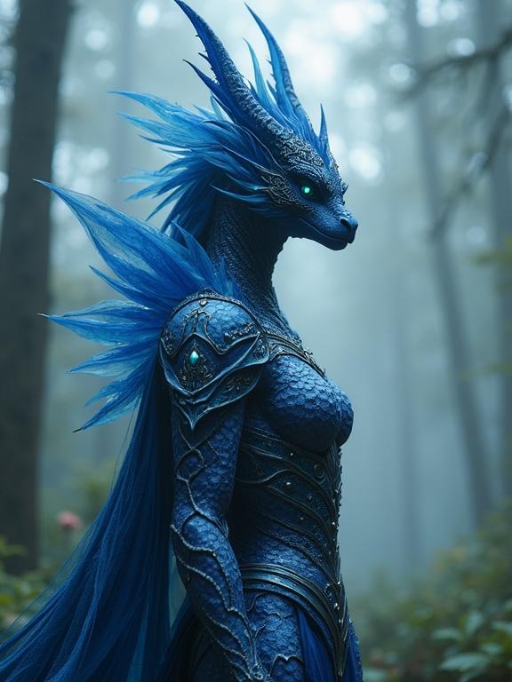 A female Gem Dragonborn character stands in a misty forest. Character has half sapphire, half crystal appearance and is exceptionally busty. Armor features elegant designs and scales. Background is lush with trees and soft fog.