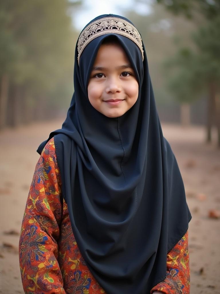 Muslim woman standing in a natural setting. She wears a dark hijab and an ornate patterned shirt. The background features trees with a soft focus. The atmosphere is calm and serene.