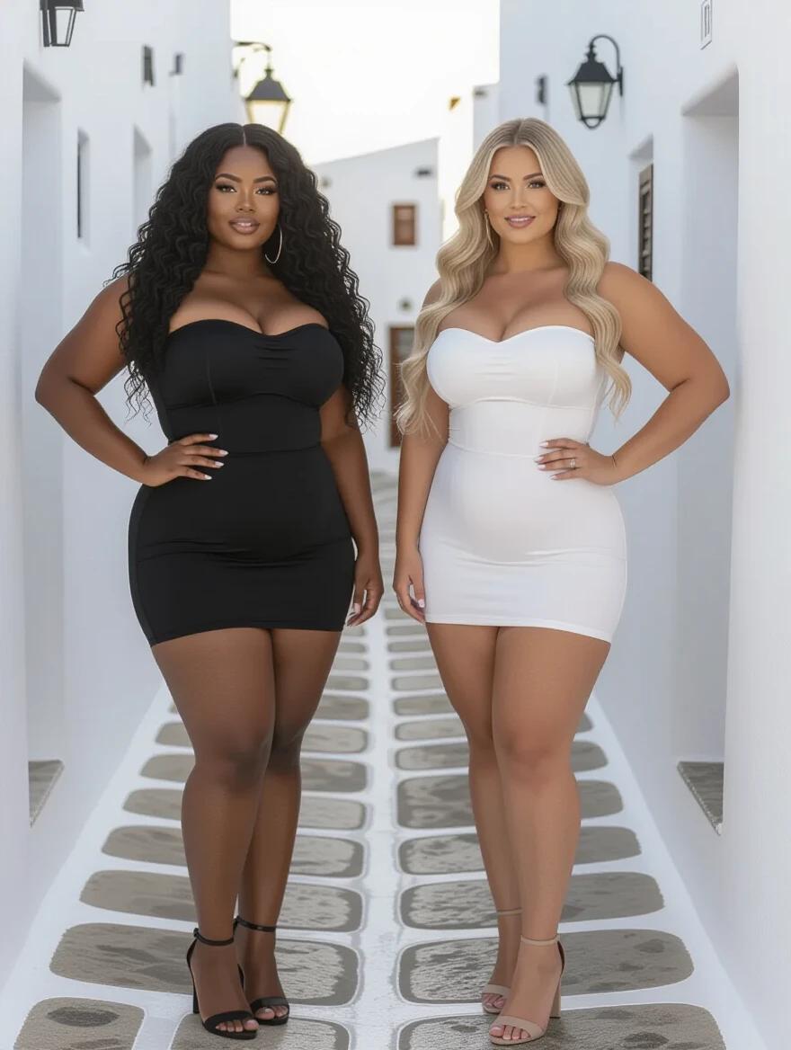 Two women stand in an alley in Mykonos at sunrise. One has black curly hair and wears a black dress. The other has blonde wavy hair and wears a white dress. Both have curvy figures and high heels. The setting features white walls and cobblestone paths.