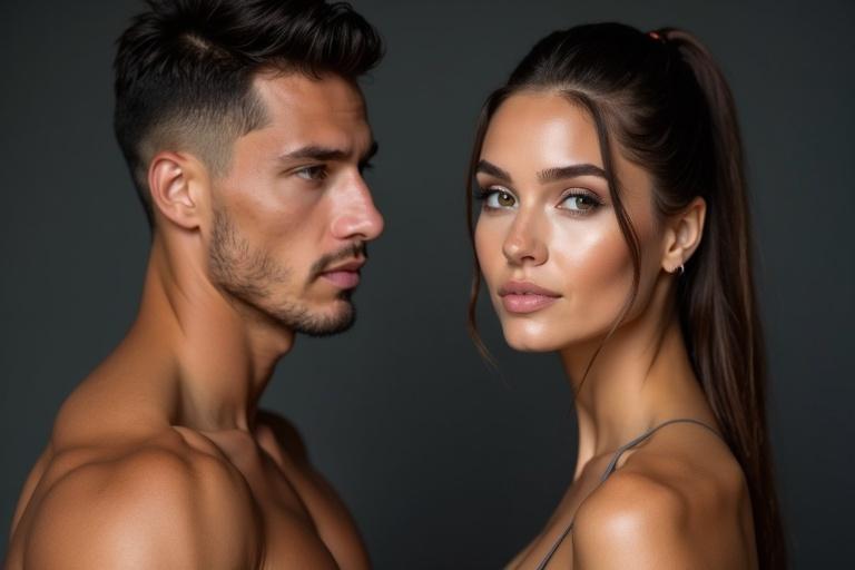 Portrait features muscular man and gorgeous woman. They share same face and body. Emphasizes transformation showing strength and beauty. Elements highlight evolution from muscular to feminine. Gradual shift in face.