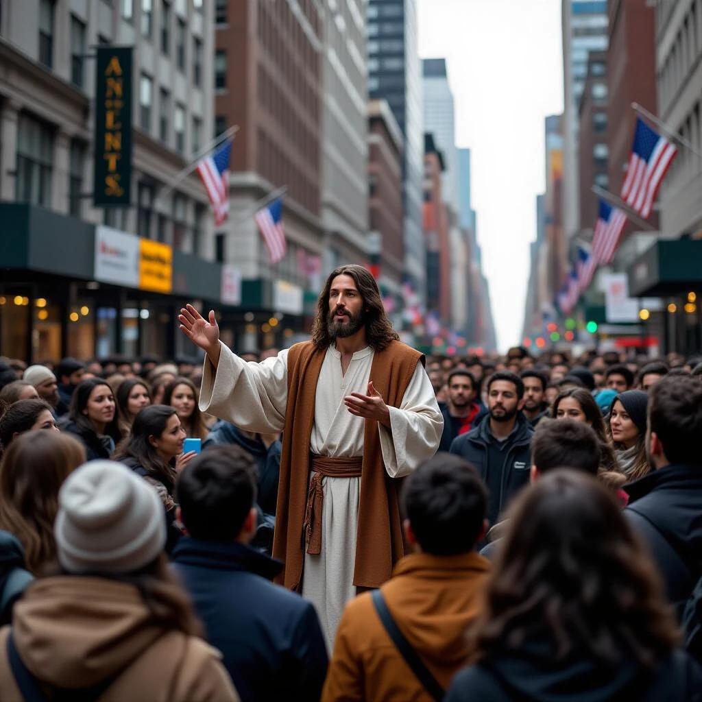 A public scene featuring a figure resembling Jesus. He stands in the center, hands raised, addressing a crowd in New York City. Skyscrapers and American flags create a vibrant background. The atmosphere conveys a sense of community and spirituality.