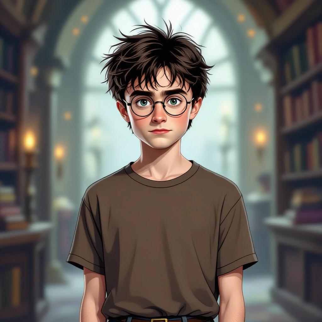 Harry Potter character designed with messy black hair round glasses and a lightning bolt scar on the forehead. Simple oversized T-shirt and casual pants. Thin arms and collarbones visible. In a magical environment with soft lighting and fantasy elements. Thoughtful expression. Fantasy art style with semi-realistic features.